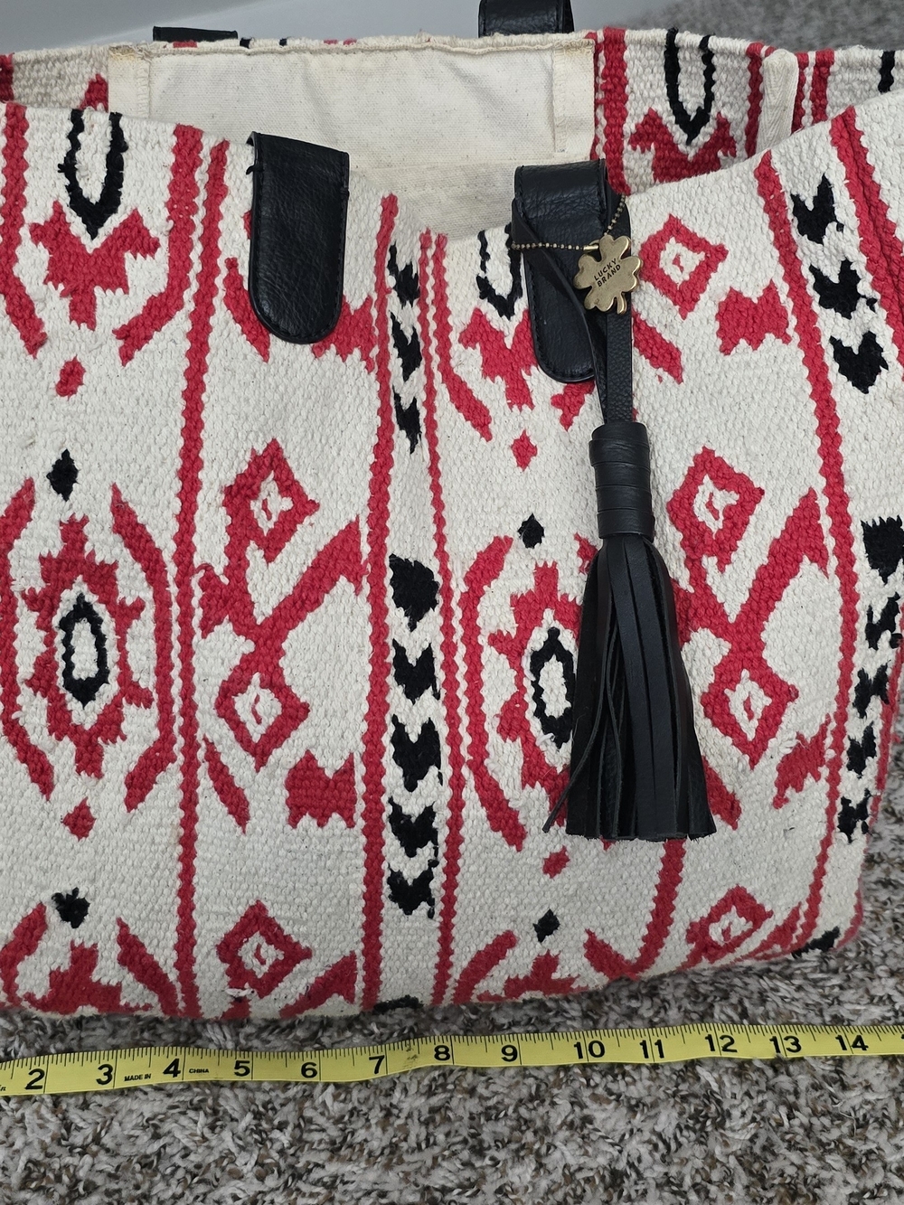 Lucky Brand Red & White Patterned Tote Bag with Black Tassel